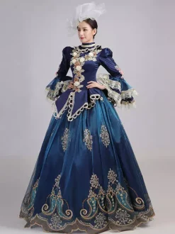 Robe De Soirée Bleu Rétro Costumes Femmes Dentelle Fleurs Polyester Marie Antoinette Déguisement Tunique Robe Euro-style Fête Robe De Bal