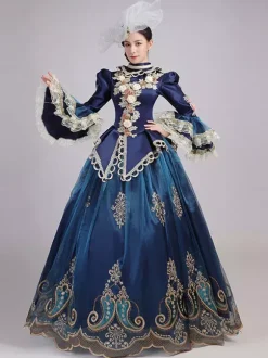 Robe De Soirée Bleu Rétro Costumes Femmes Dentelle Fleurs Polyester Marie Antoinette Déguisement Tunique Robe Euro-style Fête Robe De Bal