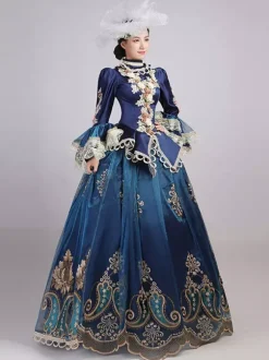 Robe De Soirée Bleu Rétro Costumes Femmes Dentelle Fleurs Polyester Marie Antoinette Déguisement Tunique Robe Euro-style Fête Robe De Bal