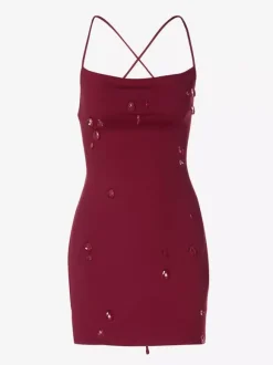 Robe de soirée bordeaux à strass dos croisé et froncée mini-robe moulante de club