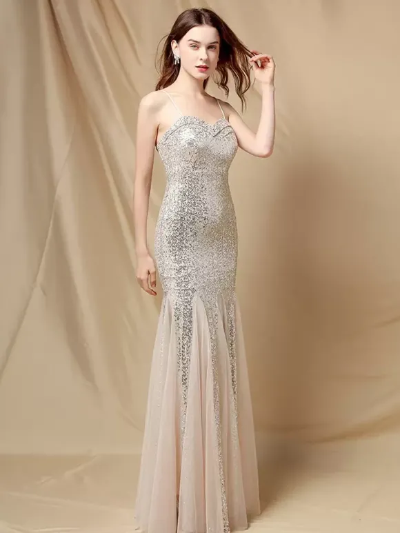 Robe De Soirée À Bretelles Longue Sirène Paillettes Dos Nu Robe Semi-Formelle Sexy