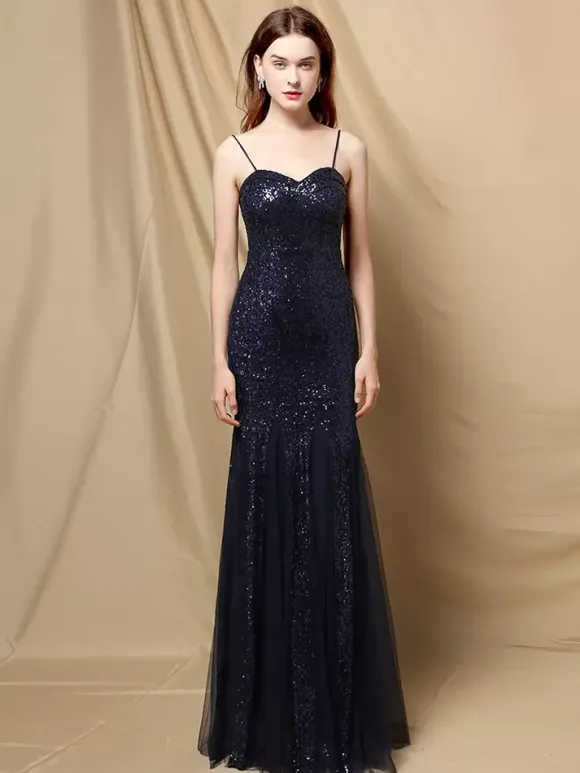 Robe De Soirée À Bretelles Longue Sirène Paillettes Dos Nu Robe Semi-Formelle Sexy