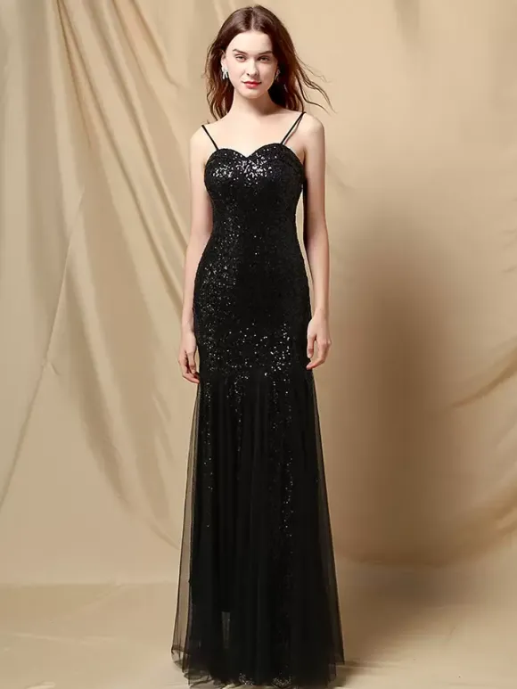 Robe De Soirée À Bretelles Longue Sirène Paillettes Dos Nu Robe Semi-Formelle Sexy