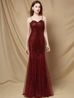 Robe De Soirée À Bretelles Longue Sirène Paillettes Dos Nu Robe Semi-Formelle Sexy