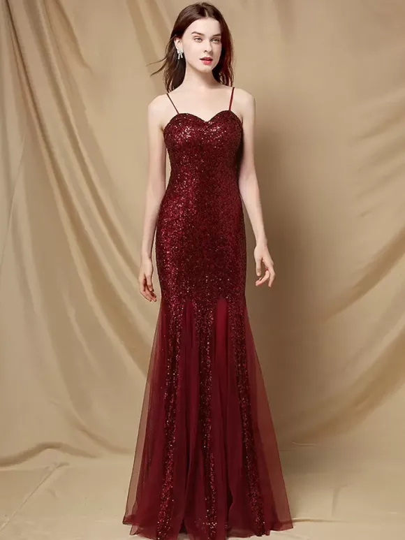 Robe De Soirée À Bretelles Longue Sirène Paillettes Dos Nu Robe Semi-Formelle Sexy