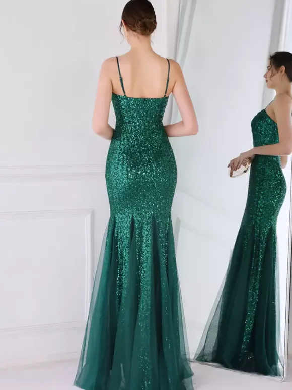 Robe De Soirée À Bretelles Longue Sirène Paillettes Dos Nu Robe Semi-Formelle Sexy