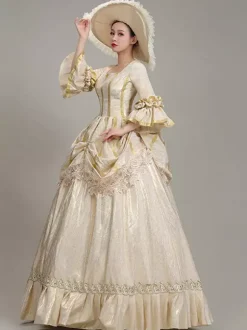 Robe De Soirée Champagne Rétro Costumes Femmes Dentelle Volants Polyester Tunique Chapeau Robe Euro-Style Marie Antoinette Costume Vintage Déguisement
