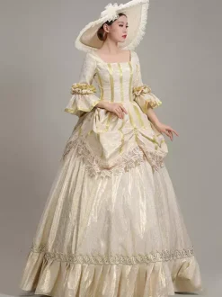 Robe De Soirée Champagne Rétro Costumes Femmes Dentelle Volants Polyester Tunique Chapeau Robe Euro-Style Marie Antoinette Costume Vintage Déguisement