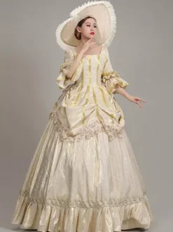Robe De Soirée Champagne Rétro Costumes Femmes Dentelle Volants Polyester Tunique Chapeau Robe Euro-Style Marie Antoinette Costume Vintage Déguisement