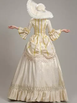 Robe De Soirée Champagne Rétro Costumes Femmes Dentelle Volants Polyester Tunique Chapeau Robe Euro-Style Marie Antoinette Costume Vintage Déguisement