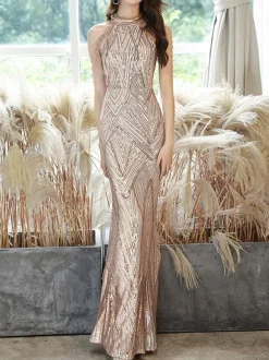 Robe de soirée Champagne sirène longueur au sol bijou cou sans manches chaînes à glissière paillettes longues robes de soirée formelles