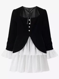 Robe de soirée chic bicolore noire à volants mini-robe deux-pièces à manches longues.