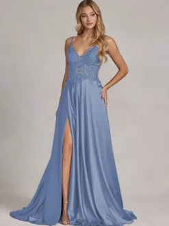 Robe de soirée col v à bretelle jupe fendu robe de bal