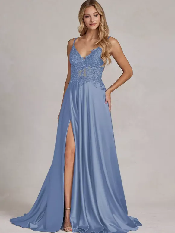 Robe de soirée col v à bretelle jupe fendu robe de bal