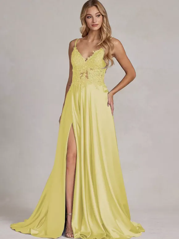 Robe de soirée col v à bretelle jupe fendu robe de bal