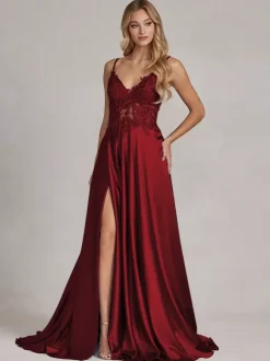 Robe de soirée col v à bretelle jupe fendu robe de bal