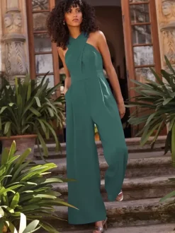 Robe de soirée combinaison décolleté conçu longueur cheville sans manches fermeture éclair plissée crêpe extensible robes de soirée formelles