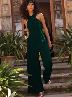 Robe de soirée combinaison décolleté conçu longueur cheville sans manches fermeture éclair plissée crêpe extensible robes de soirée formelles