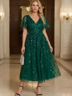 Robe de soirée courte à col en V longueur thé manches courtes fermeture éclair sequins robe de concours de beauté à sequins