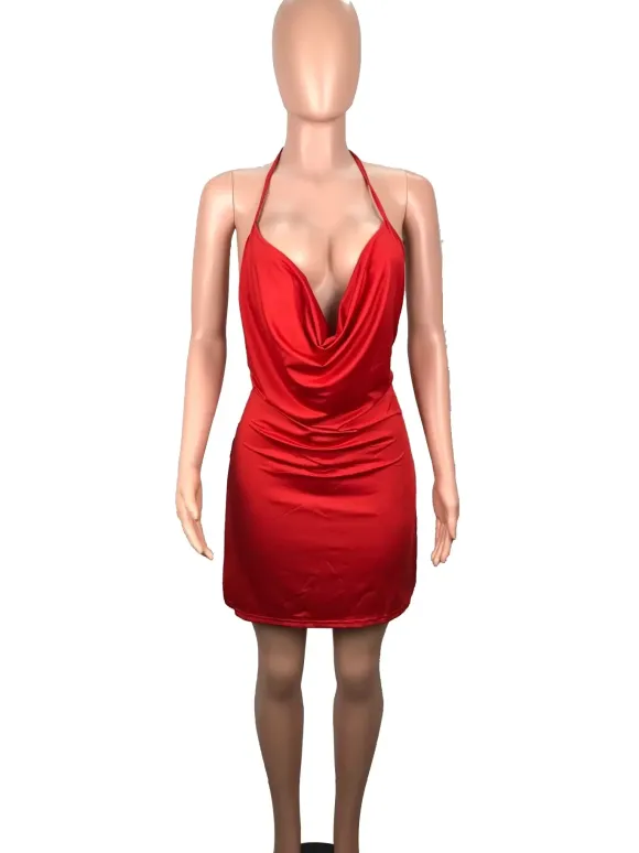 Robe de Soirée Courte Femme avec Bretelles à Col Décolleté en V Coupe Cintrée avec Dos Nu avec Fente Unicolore Robe Eté Sexy