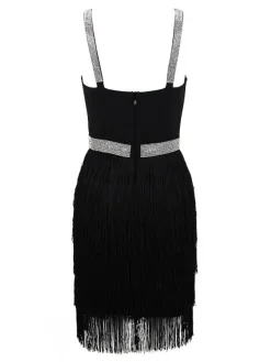 Robe de soirée d'anniversaire col en V sans manches mini robes de cocktail avec franges