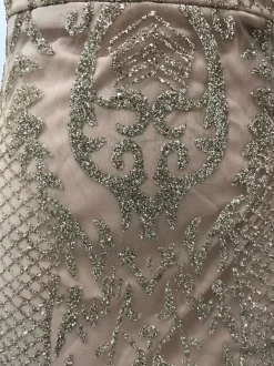 Robe de soirée dorée à col en V en dentelle sans manches coupe cintrée élégante et semi-formelle