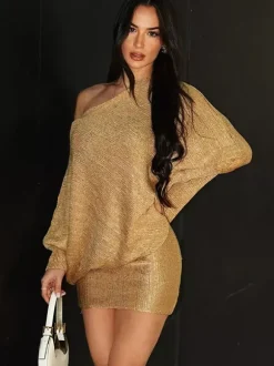 Robe de soirée dorée à encolure crantée manches longues asymétrique et sexy