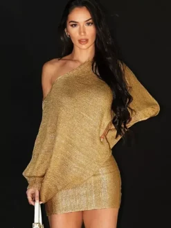 Robe de soirée dorée à encolure crantée manches longues asymétrique et sexy
