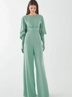 Robe de soirée en crêpe extensible combinaison à col bijou longueur au sol ceinture robes de dîner formelles