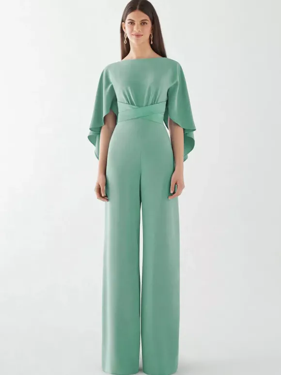 Robe de soirée en crêpe extensible combinaison à col bijou longueur au sol ceinture robes de dîner formelles