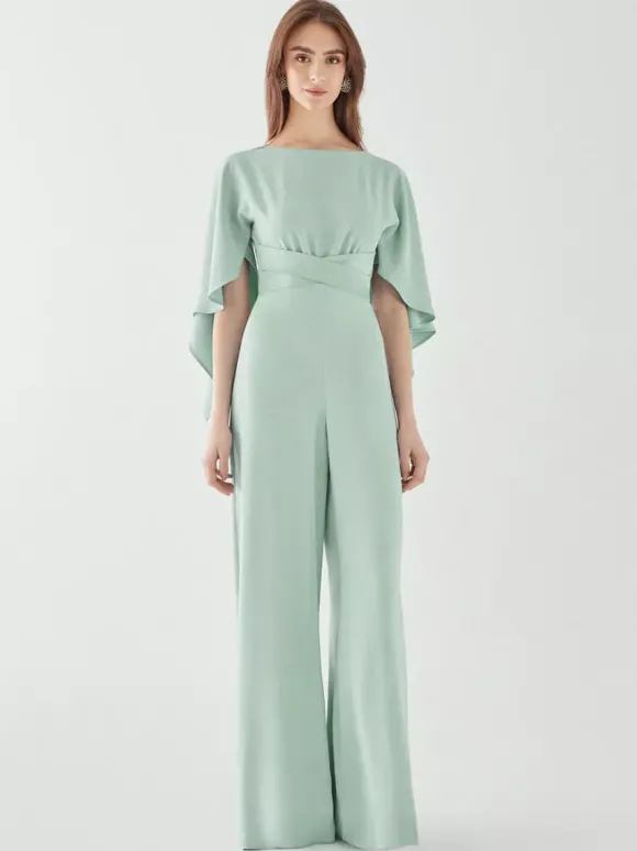 Robe de soirée en crêpe extensible combinaison à col bijou longueur au sol ceinture robes de dîner formelles