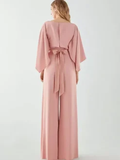 Robe de soirée en crêpe extensible combinaison à col bijou longueur au sol ceinture robes de dîner formelles