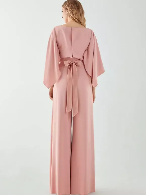 Robe de soirée en crêpe extensible combinaison à col bijou longueur au sol ceinture robes de dîner formelles