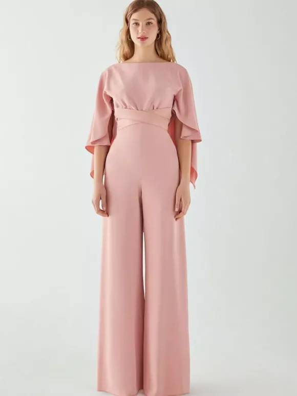 Robe de soirée en crêpe extensible combinaison à col bijou longueur au sol ceinture robes de dîner formelles