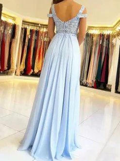 Robe de soirée en mousseline de soie col en V jupe fendue Longueur au sol Robe de bal