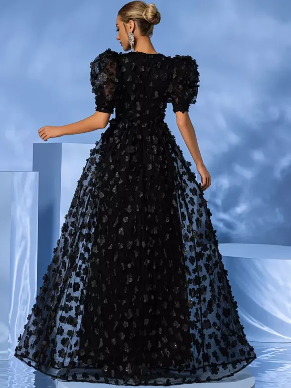 Robe de soirée en organza à col en V et longueur au sol avec appliques