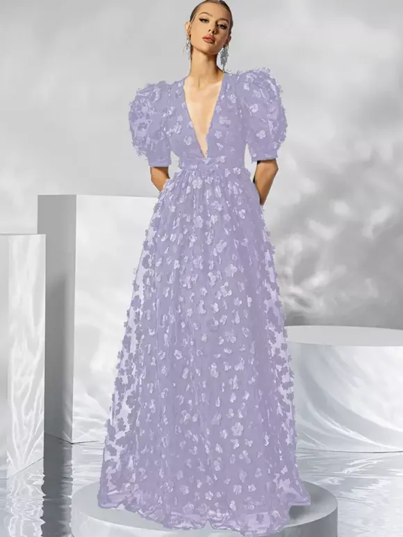Robe de soirée en organza à col en V et longueur au sol avec appliques