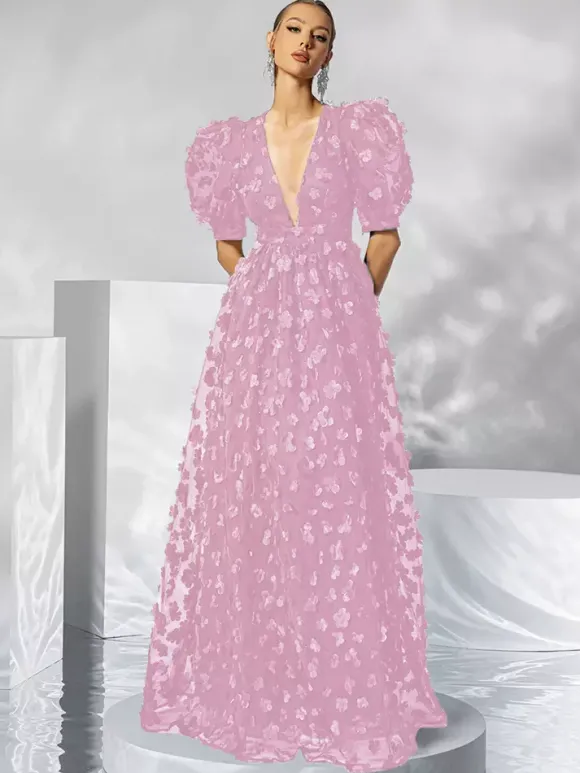 Robe de soirée en organza à col en V et longueur au sol avec appliques
