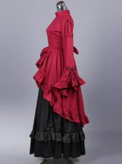 Robe de soirée en polyester à volants et n艙uds pour femme tenue de soirée rétro de Marie-Antoinette couleur bordeaux Bourgogne