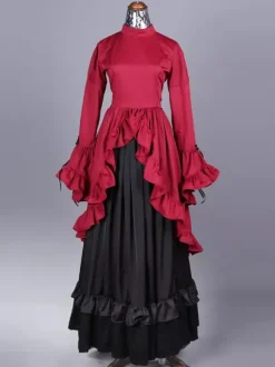 Robe de soirée en polyester à volants et n艙uds pour femme tenue de soirée rétro de Marie-Antoinette couleur bordeaux Bourgogne