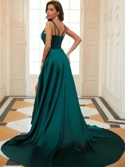 Robe de soirée en satin de soie stretch A-ligne col en V longueur au sol fendu devant
