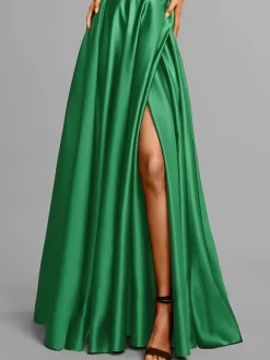 Robe de soirée en satin de soie stretch A-ligne col en V longueur au sol fendu devant