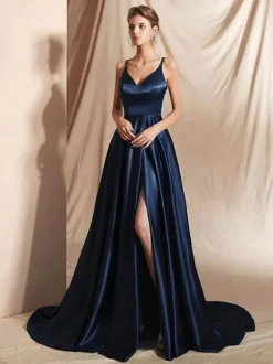 Robe de soirée en satin de soie stretch A-ligne col en V longueur au sol fendu devant