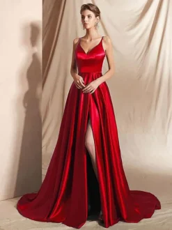 Robe de soirée en satin de soie stretch A-ligne col en V longueur au sol fendu devant