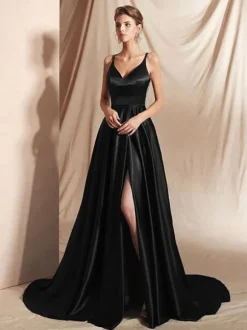 Robe de soirée en satin de soie stretch A-ligne col en V longueur au sol fendu devant