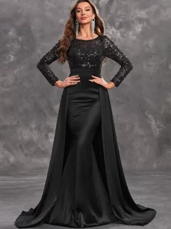 Robe de soirée en satin à paillettes robe de bal col en V avec traîne manches longues fermeture éclair tissu satiné robes de soirée formelles