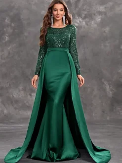 Robe de soirée en satin à paillettes robe de bal col en V avec traîne manches longues fermeture éclair tissu satiné robes de soirée formelles