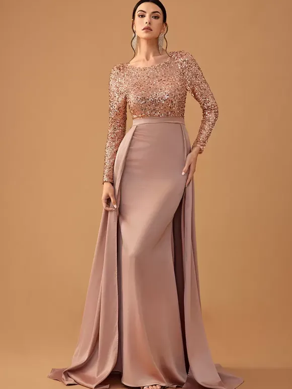 Robe de soirée en satin à paillettes robe de bal col en V avec traîne manches longues fermeture éclair tissu satiné robes de soirée formelles