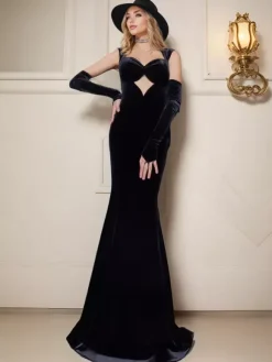 Robe de soirée en velours coréen à col en c艙ur avec traîne plissée robe de soirée formelle
