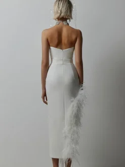 Robe De Soirée Femmes Décolletée Chic Plumes Sans Manches En Polyester Asymétrique Sexy
